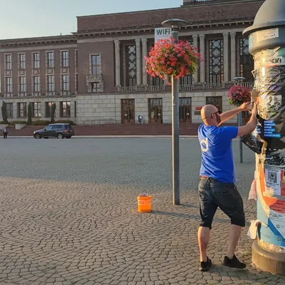 Rozwieszanie plakatów na słupie ogłoszeniowym na placu w Dąbrowie Górniczej