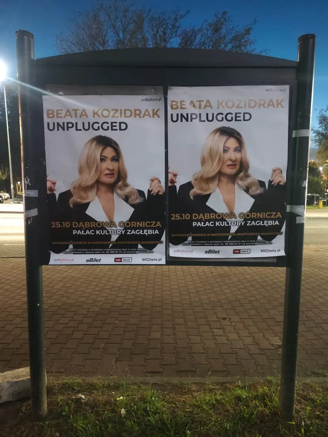 Dwa plakaty Beata Kozidrak Unplugged na tablicy ogłoszeniowej w Dąbrowie Górniczej