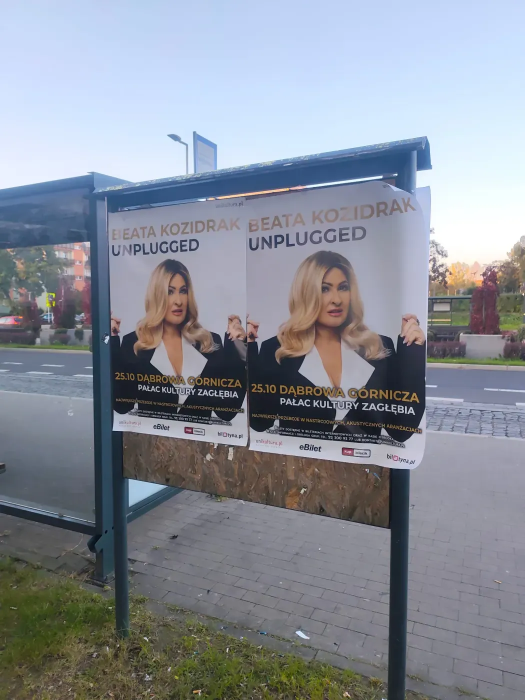 Plakaty koncertowe na tablicy przy chodniku i ulicy w Dąbrowie Górniczej