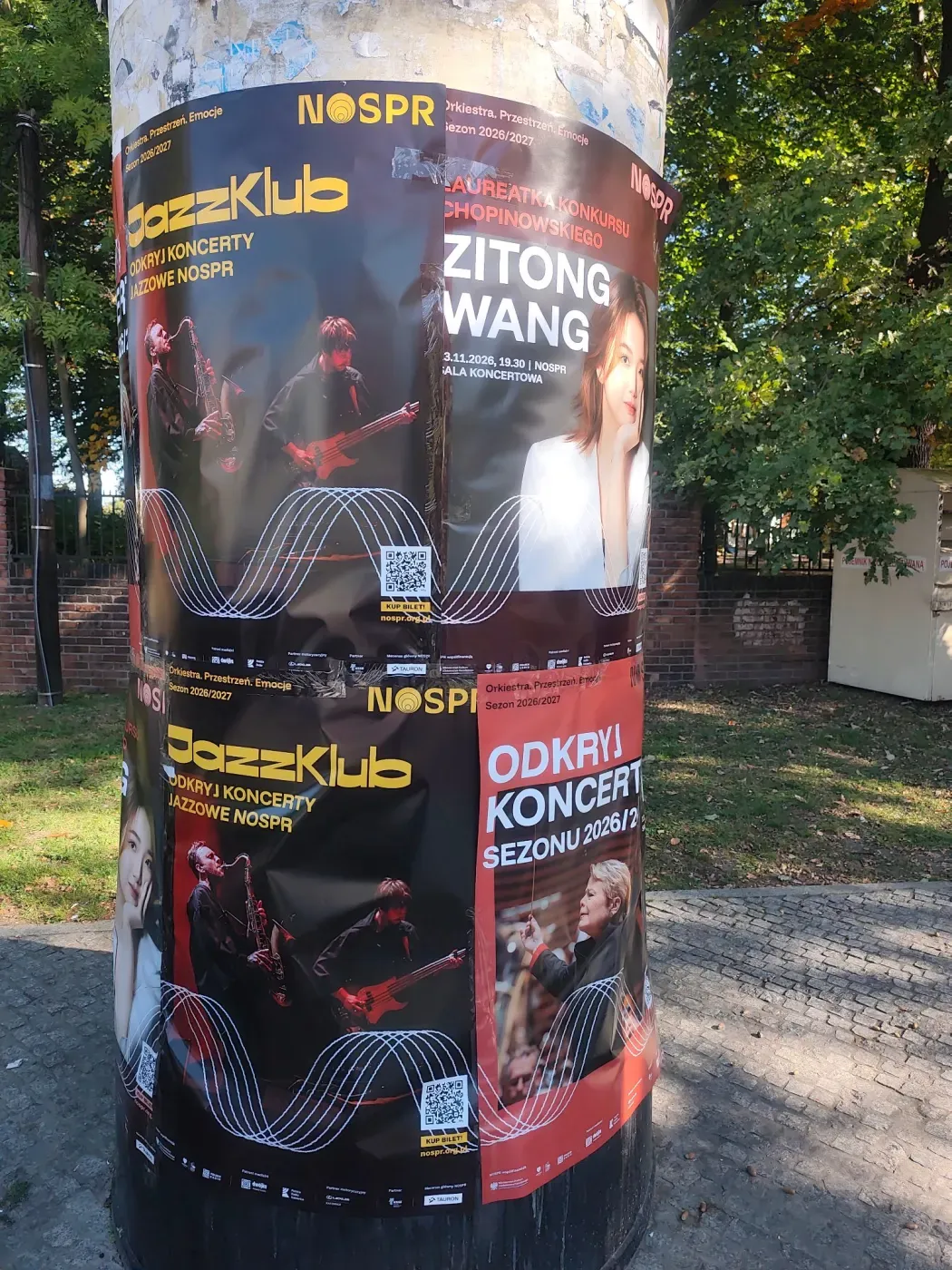 Słup ogłoszeniowy w zielonej okolicy z plakatami JazzKlub, Zitong Wang i Odkryj koncerty