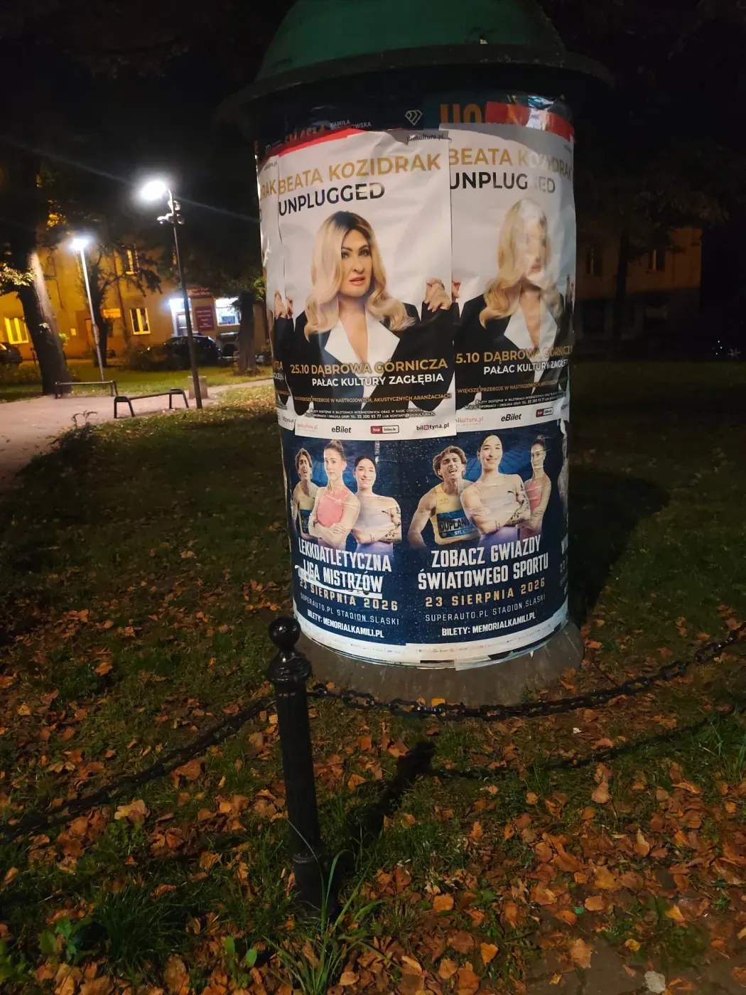 Plakat Beata Kozidrak Unplugged na słupie wśród innych afiszy w zielonym otoczeniu