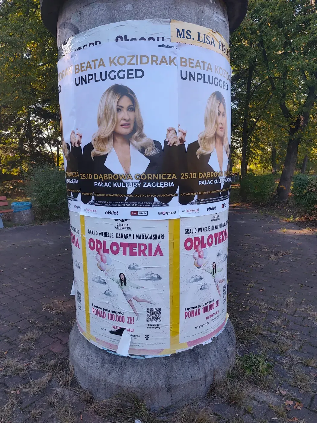 Zbliżenie na plakaty koncertu Beata Kozidrak Unplugged na słupie ogłoszeniowym