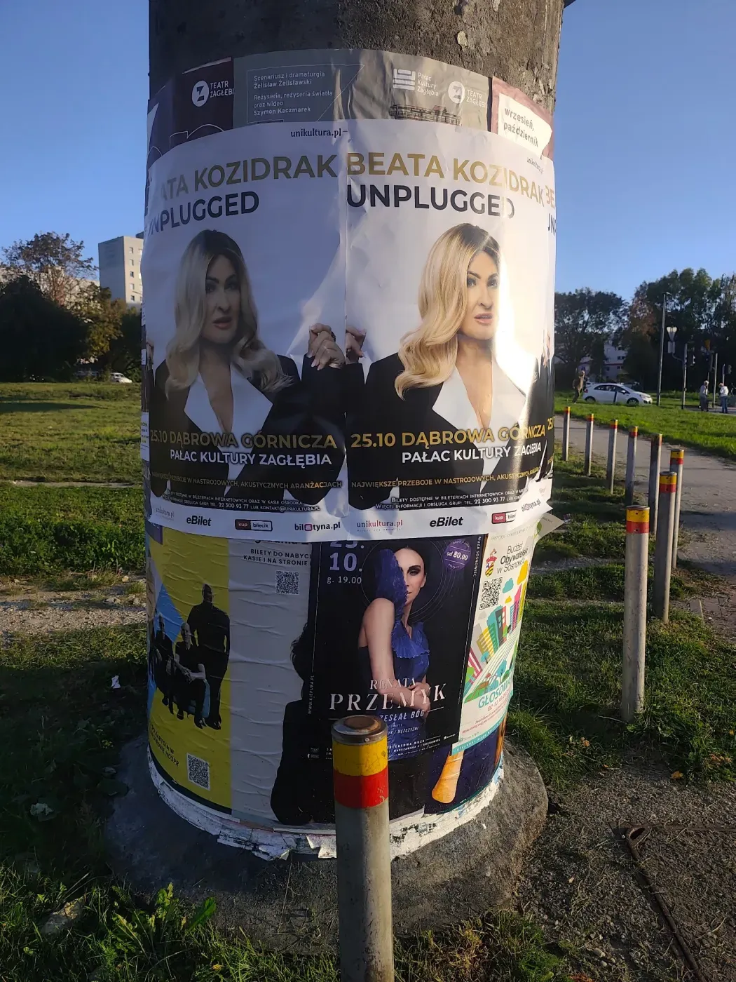 Plakaty Beata Kozidrak Unplugged na dużym słupie przy zielonym terenie i przejściu